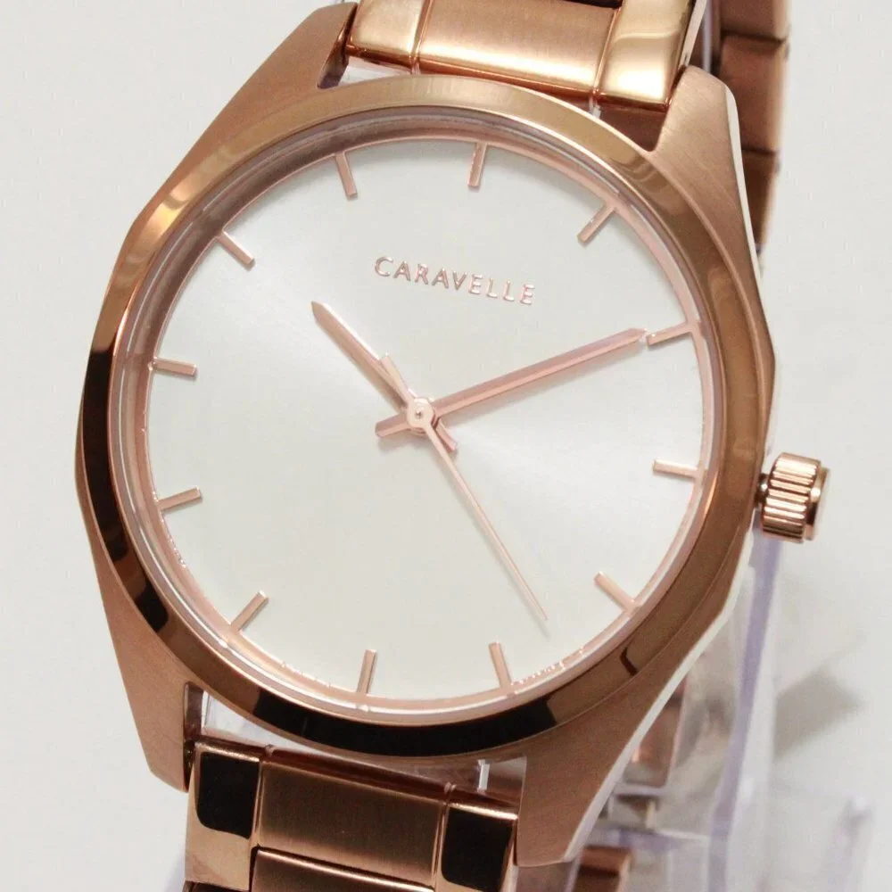 Caravelle Ladies Minimalist Watch By Bulova Rose Gold White Sun-ray Dial 36mm
